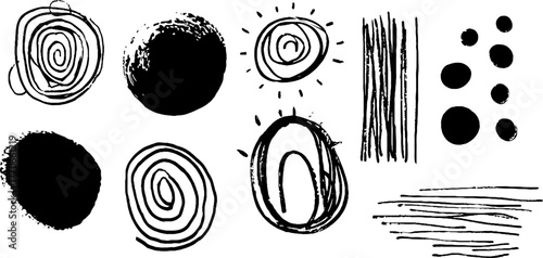 Minimalist abstract black and white doodles with circles and lines for creative design projects