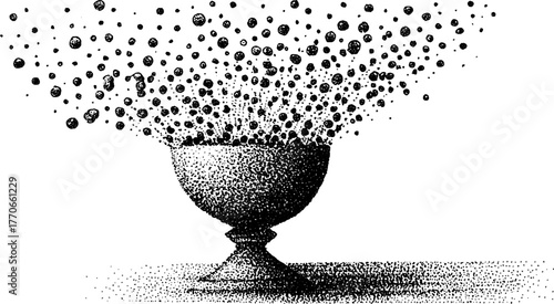 Ancient chalice with overflowing design in black and white dotwork style