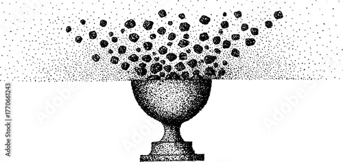 Ancient chalice overflowing with geometric particles in vintage dotwork style