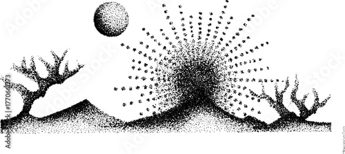 Black and white dotwork landscape with sun and trees