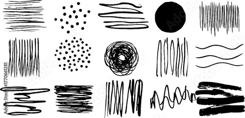 Minimalist abstract black and white doodles with dots and lines for creative design