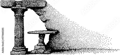 Ancient column fragment in black and white with halftone effect for design projects