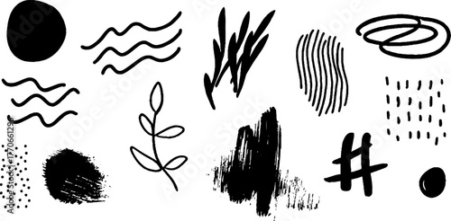 Minimalist abstract black and white doodles - dotted and linear design elements for creative projects