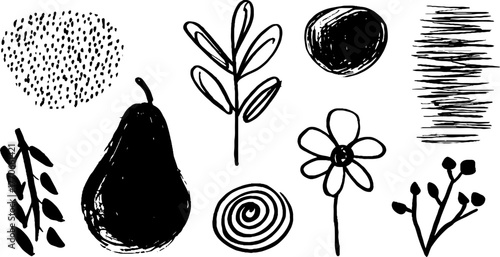Minimalist abstract black and white doodles featuring eggplants and botanical elements for artistic design