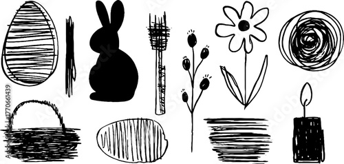 Minimalist black and white easter doodles set with eggs, bunny, and candle for creative design