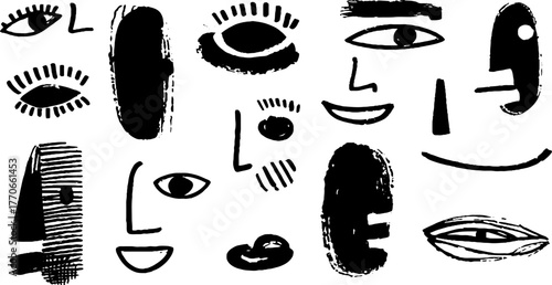 Minimalist abstract black and white doodles of emotional expressions for creative design concepts