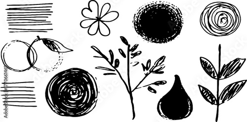 Minimalist abstract black and white doodles featuring eggplant, nature, and geometric shapes