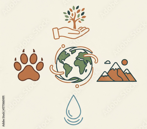Diverse icons representing nature and the environment, including a paw print, mountains, water droplet, and a hand holding a sapling above the Earth