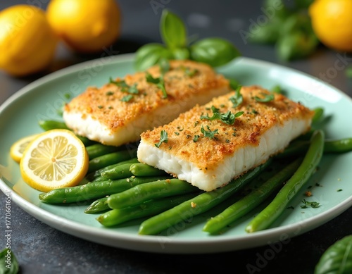 Two baked cod fillets with crispy herb crust sit atop steamed green beans. Lemon slices and fresh basil garnish this healthy seafood dish. Delicious ocean fare prepared for a satisfying meal.