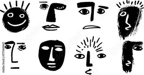 Minimalist abstract black and white doodles set featuring expressive faces