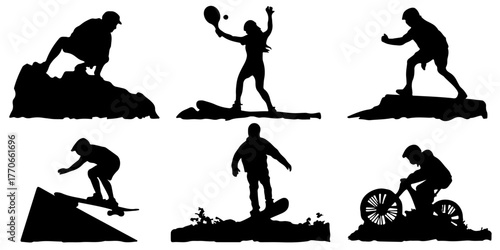 Collection of diverse extreme sports silhouettes on a white background representing active lifestyle and adventure
