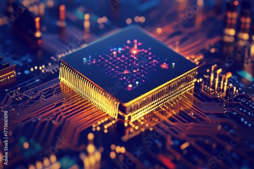 Quantum computing chip shines brightly over intricate circuitry in a futuristic environment