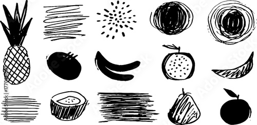 Minimalist abstract doodles of exotic fruits for creative design projects