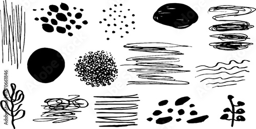 Minimalist abstract black and white doodles set for creative design projects