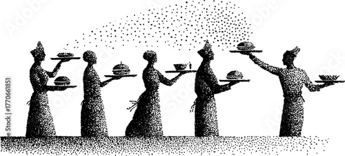 Ancient feast with servants: dotwork black and white illustration for design projects