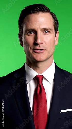 Man in suit, red tie against bright green backdrop, smiling softly