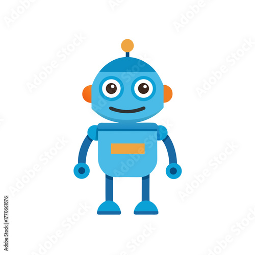Friendly blue cartoon robot with orange accents and big eyes