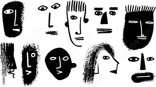 Minimalist abstract black and white doodles of face sketches for creative design
