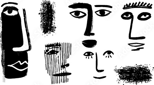 Minimalist abstract faces in black and white doodle art for creative design