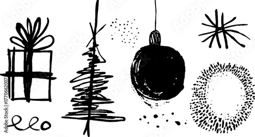 Minimalist festive doodles in black and white for holiday design