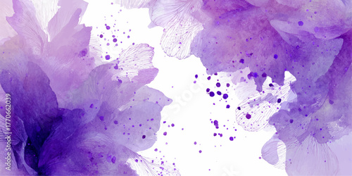 Abstract watercolor splashes and ink dots in vibrant purple and lavender hues on white background