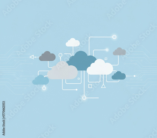 Digital cloud network concept illustration depicting interconnected data storage, global technology infrastructure, and secure information exchange for modern computing