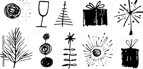 Minimalist abstract black and white festive doodles for holiday design projects