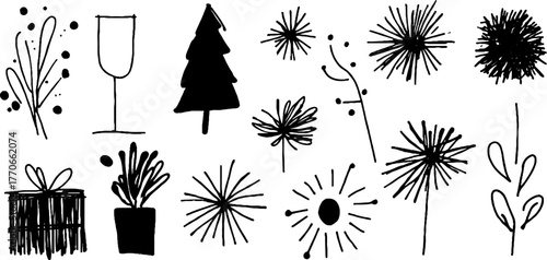Minimalist black and white festive doodles for holiday design