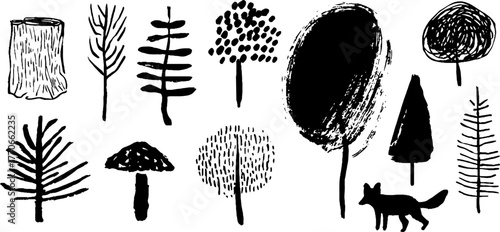 Minimalist abstract black and white forest doodles with trees and animals for design