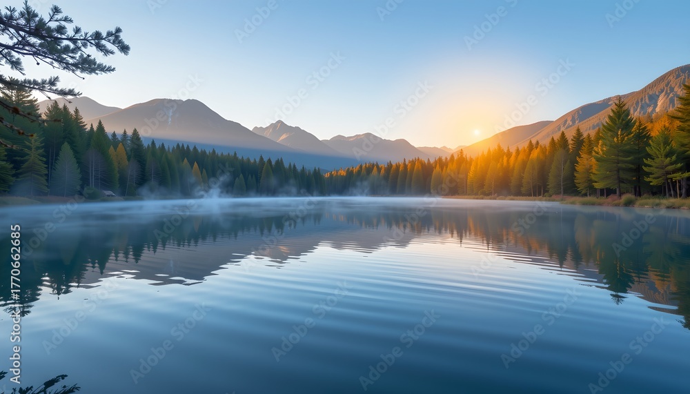 Fototapeta premium A panoramic view of a tranquil mountain lake at dawn, framed by a dense line of lush, vibrant pine trees, Soft golden sunlight filters through the mist rising from the waters surface