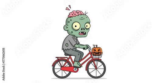 Cartoon Zombie Cyclist with Pumpkin Basket, Halloween Themed Illustration for Festive Designs and Children's Educational Materials