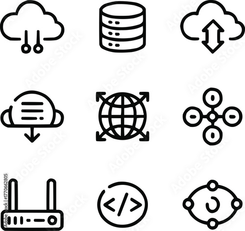 Cloud Computing Outline Icon Set Server, Database, and Network Connection Symbols