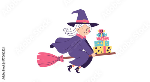 Whimsical Halloween Illustration of a Smiling Witch Flying on a Broomstick with Gifts, Ideal for Festive Cards and Holiday Themed Designs