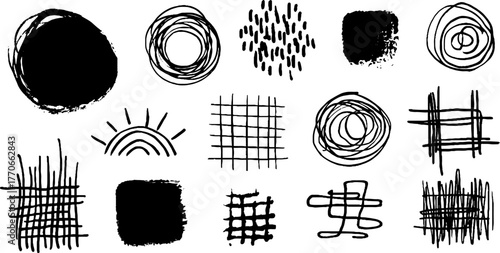 Minimalist abstract black and white doodles set featuring geometric shapes for creative design