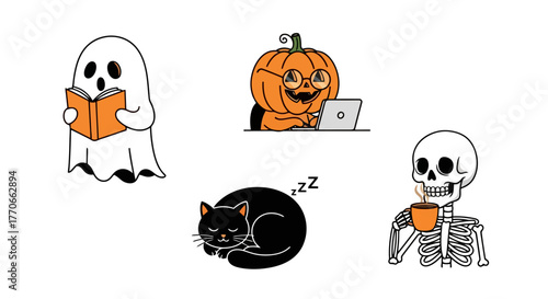 Whimsical Halloween Characters in Various Activities, Perfect for Seasonal Designs, Greeting Cards, and Festive Decorations for Fall Events and Holidays