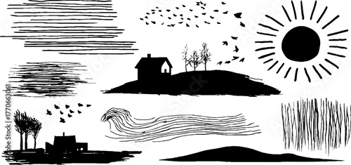 Minimalist abstract doodles with trees, houses, and sun for creative design