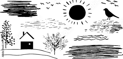 Minimalist abstract black and white doodles with sun, birds, and nature elements