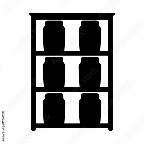 Silhouette of a three shelf bookcase filled with vases or urns
