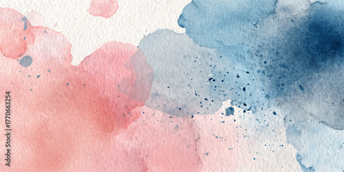 Soft watercolor splashes of pink blue and grey on white paper background