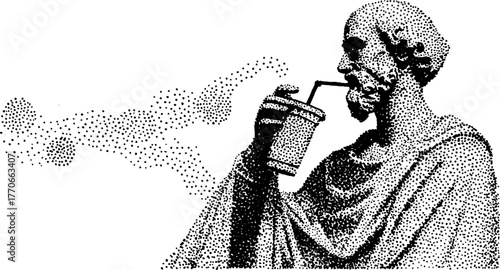 Ancient philosopher statue with modern beverage depicted in black and white dotwork for creative poster design