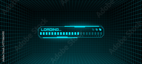 Loading progress bar on a virtual grid. Futuristic user interface element for digital display and game design. Technology background.