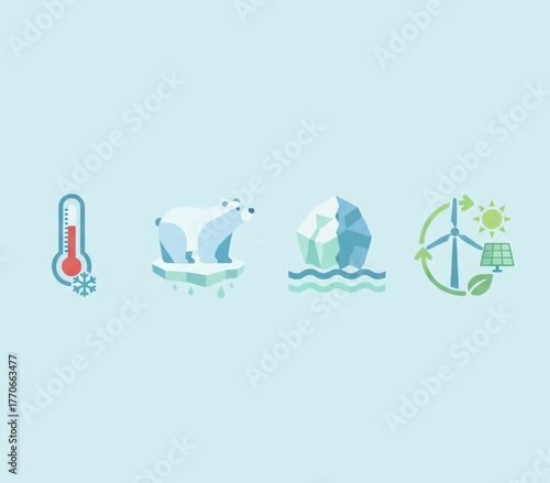 Environmental challenge and solution icons global warming, melting glaciers, polar bear habitat loss, and renewable energy for a sustainable future