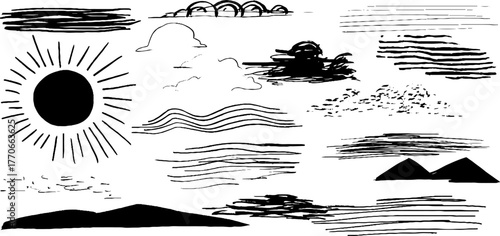 Minimalist abstract black and white doodles with horizon lines and nature elements