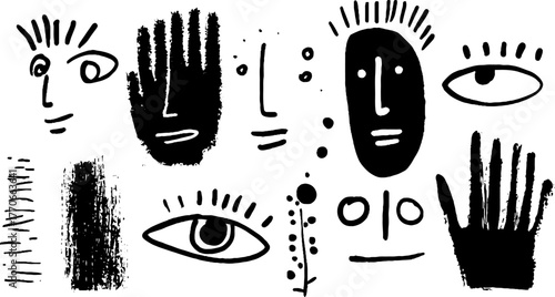 Minimalist abstract doodles of human faces and hands in black and white for creative design