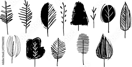 Minimalist abstract doodles of leaf sketches for creative design