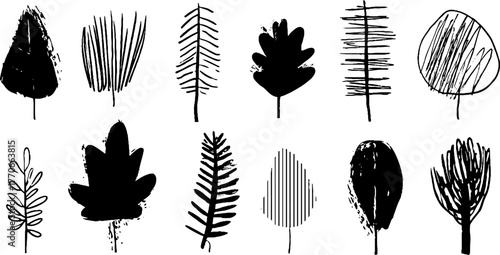 Minimalist monochrome leaf sketches - abstract doodle collection for artistic design