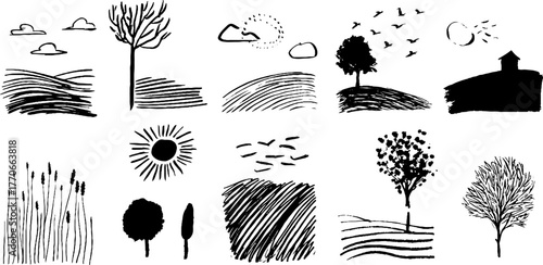 Minimalist black and white landscape doodles for artistic design projects