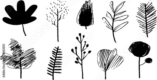 Minimalist black and white leaf doodle set for creative design projects