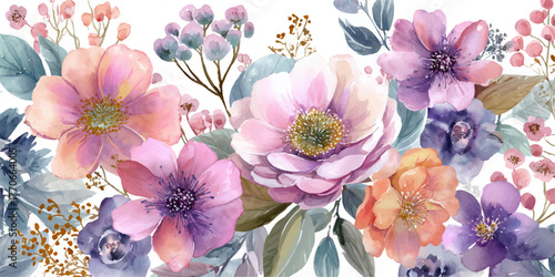 Soft focus pastel floral arrangement with delicate blooms and lush green foliage perfect for spring and summer themes