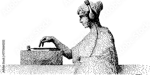 Ancient statue with headphones playing vinyl in retro dotwork style